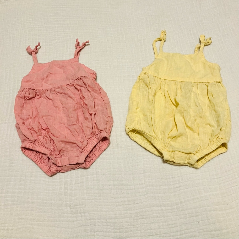 (2) Old Navy Baby Girl Bubble Rompers with Bow Straps‎ Yellow & Pink Sz 6-12m